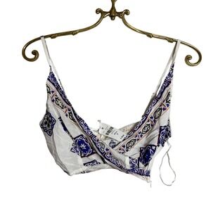 Into LF Store Mediterranean Tile Print Boho Crop Top White Blue S MV-P37615 NEW